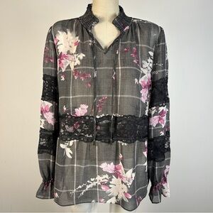 DKNY Black and Pink Floral Plaid Blouse